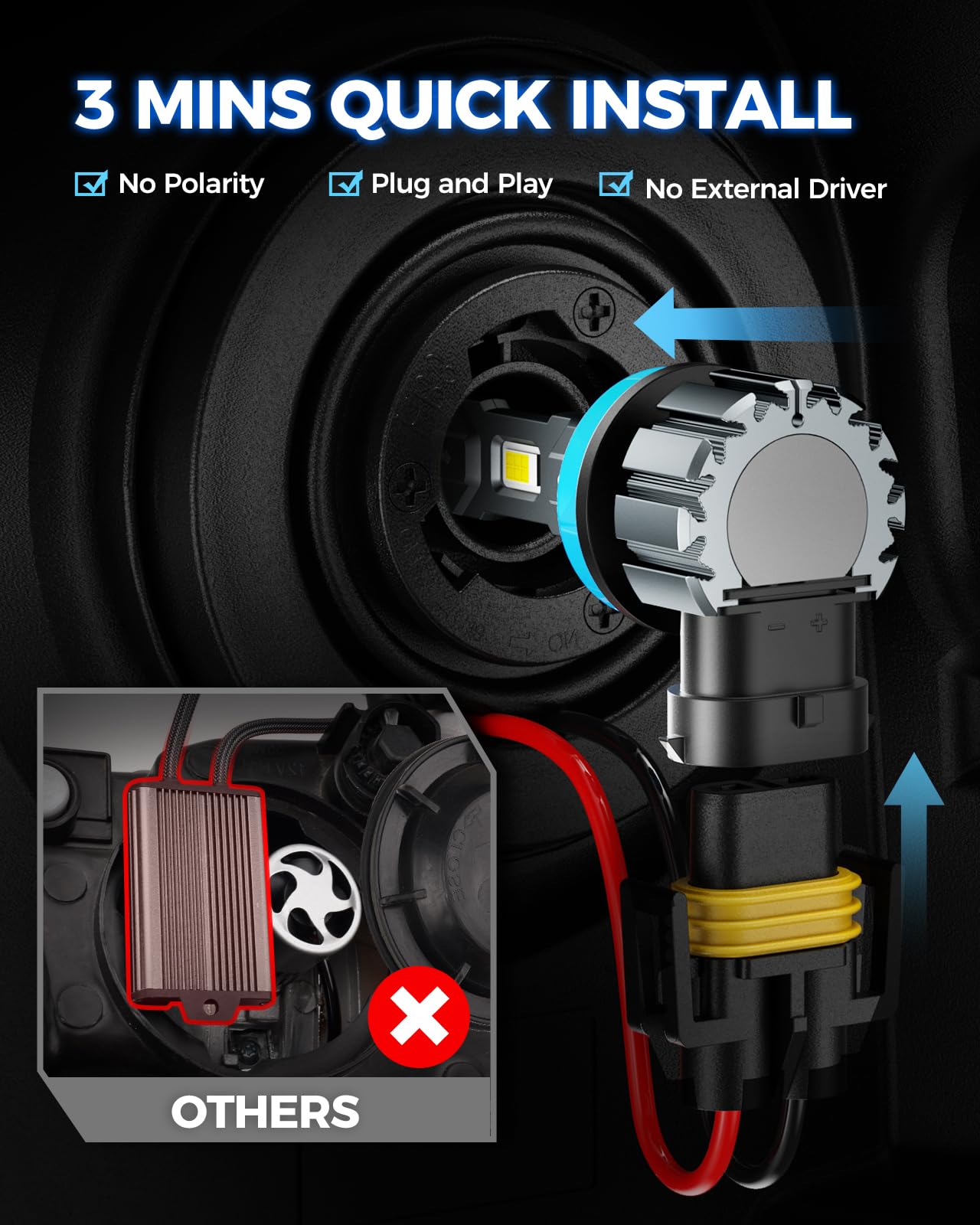 Marsauto M1S H11/H8/H9 Bulbs or H11 Fog, 30000LM Super Bright, Real 1:1 Design H11 Fog Light, No Fan No Noise H9 Bulb, 6000K Cool White H8 Light, 3min Plug and Play, IP68, Pack of 2