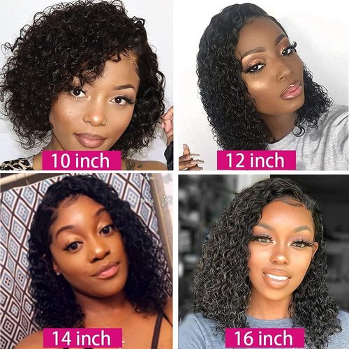 FCUFCU 16 Inch Deep Wave Bob Wig Human Hair 13x4 Frontal Lace Wig 200% Density Short Bob Wigs Human Hair for Black Women Glueless Curly Bob Wig With Baby Hair Natural Black
