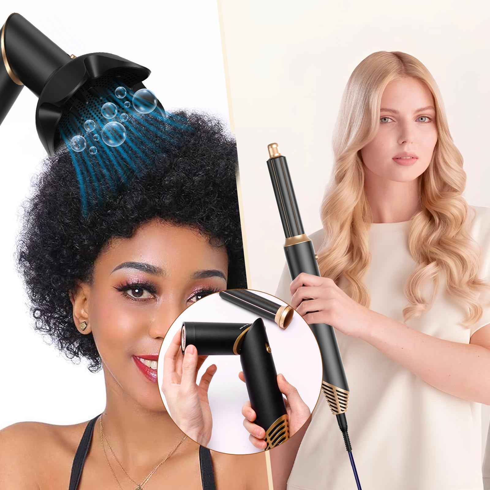 Hair Dryer Brush 6 in 1, Foldable Blow Dryer Brush with Wrap Curler, Detachable Air Hair Styler Curling, Drying,Volumizing, Straightening, Negative Ionic Hair Dryer with Diffuser, Hair Styling Tools