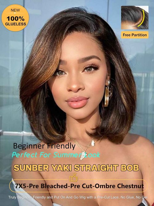 Sunber Ombre Chestnut Brown Light Yaki Straight Bob Human Hair Wigs Bye Bye Knots Pre Cut 7x5 HD Lace Front Lace Put On and Go 3s Wear Glueless Brown Yaki Bob Wig Pre Bleached Invisible Knots 12Inch