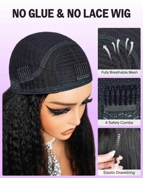 Megalook hair Yaki Straight Half Wig Human Hair Drawstring Ponytail Wig 3 In 1 Beginner Friendly No Lace Flip Over Half Wig Headband Wig Human Hair 200% Density Glueless Wigs for Women 20 Inch