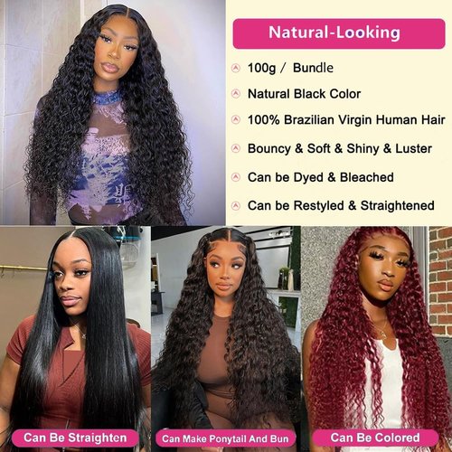 VENGSTI Water Wave Human Hair Bundles Single 32 Inch Brazilian 12A 100% Virgin Double Weft Wet and Wavy Quick Weave for Women, Black Color, 100g