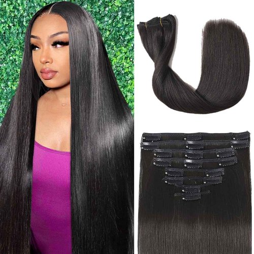 Tebelove Clip in Hair Extensions Real Human Hair 4.3oz/120g Clip ins 100% Brazilian Remy Human Hair Extension for Women 8pcs Per Set with 18 Clips Double Weft (24 Inch #1B Natural Black)