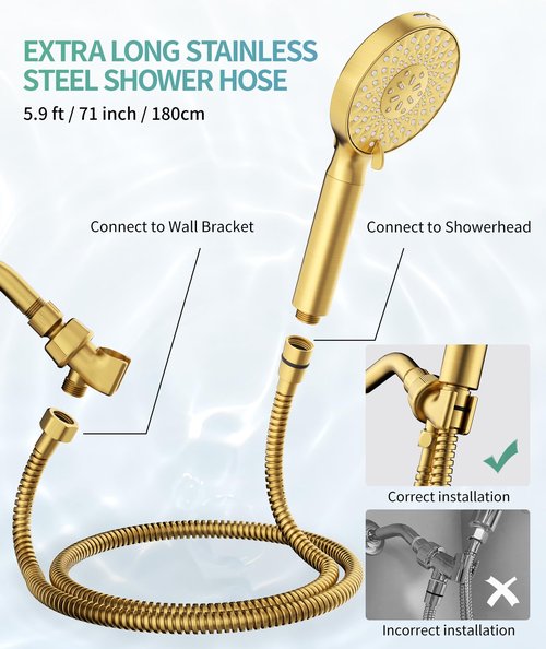 Filtered Shower Head with Handheld, High Pressure 9 Spray Mode Brushed Gold Showerhead with 4 Filters, Detachable Shower Head, Water Softener Filters Beads for Hard Water - Remove Chlorine