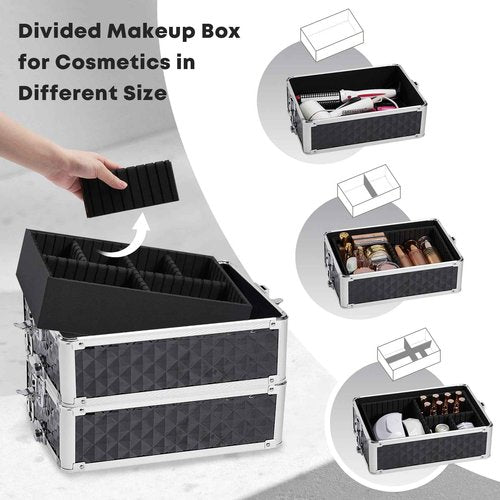 Yueieoun Rolling Makeup Train Case, 4-in-1 Cosmetology Case on Wheels, Nail Tech Cart for Travel, Professional Cosmetic Vanity Case, Suitcase for MUA/Manicure/Tattoo/Style, Lockable Storage Box, Black