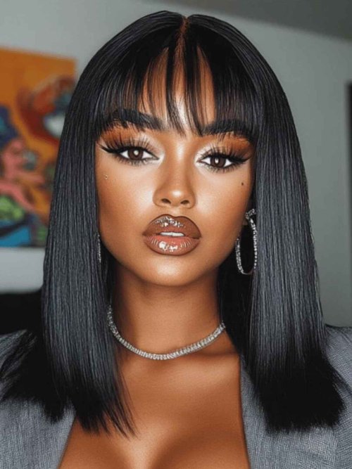 UNICE 14 Inch Yaki Straight Glueless Bob Wig Human Hair with Bangs 2x4 HD Lace Short Black Ready to Wear Blunt Cut Bob Wigs Natural Looking 180% Density