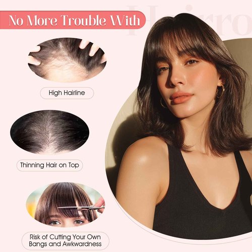 Hairro Mono Hair Toppers with Bangs, 3.4" x 3.4" Mono Base 100% Real Human Hairpieces for Women, 150% Density Clips In Topper for Greyish Thinning Hair, 20 Inch Cocoa Brown