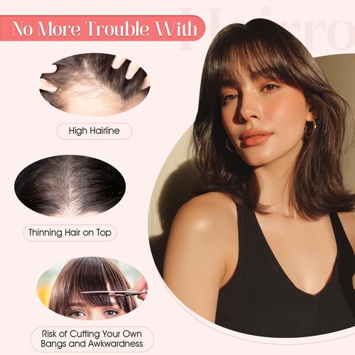 Hairro Mono Hair Toppers with Bangs, 3.4" x 3.4" Mono Base 100% Real Human Hairpieces for Women, 150% Density Clips In Topper for Greyish Thinning Hair, 14 Inch Medium Brown