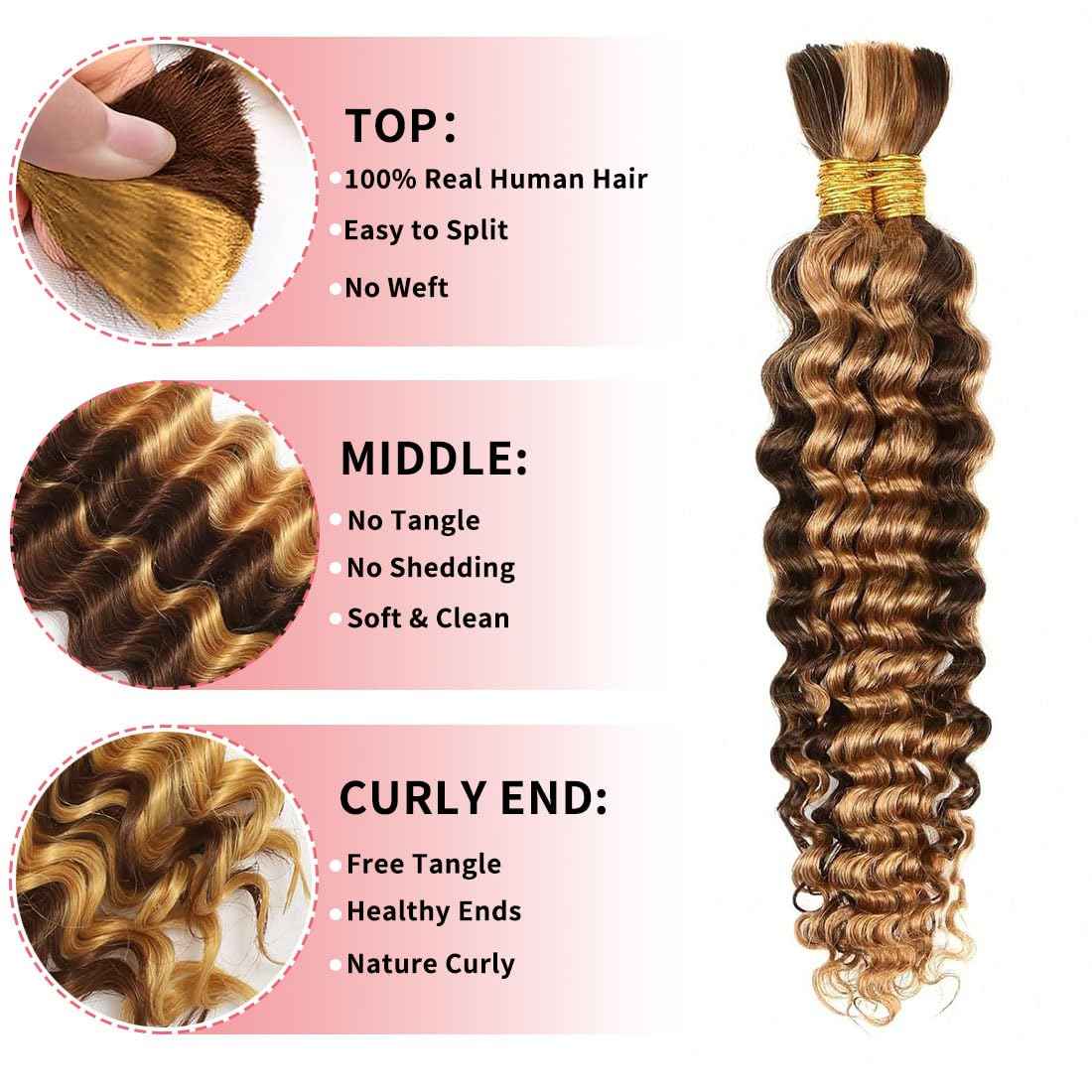 Highlight Ombre Deep Wave Bulk Human Hair Braiding 2 Bundles/Pack 110g 24 Inch No Weft Brazilian Virgin Curly Human Hair Extensions for Boho Braids Wet and Wavy Human Braiding Hair