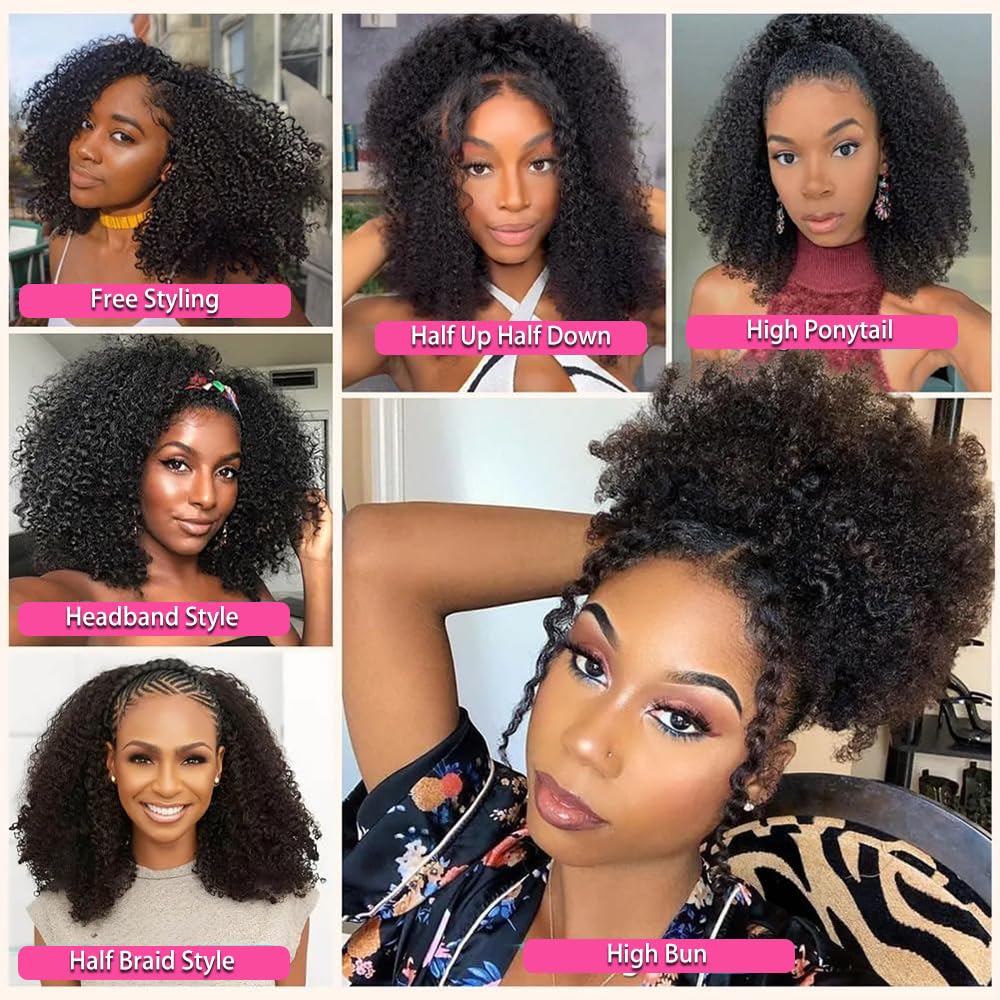 Larhali Kinky Curly Half Wig Human Hair 180% Density Wear And Go Glueless Wigs Human Hair 16 Inch Curly 3 In 1 Half Wigs for Women Drawstring Seamless Flip Headband Wig Beginner Friendly