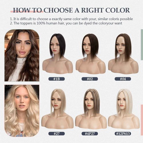 SLEEKALON Human Hair Topper - 150% Density Silk Base Brown Ombre Blonde - No Bangs - Wig Clips (12 Inch, 4P27#)