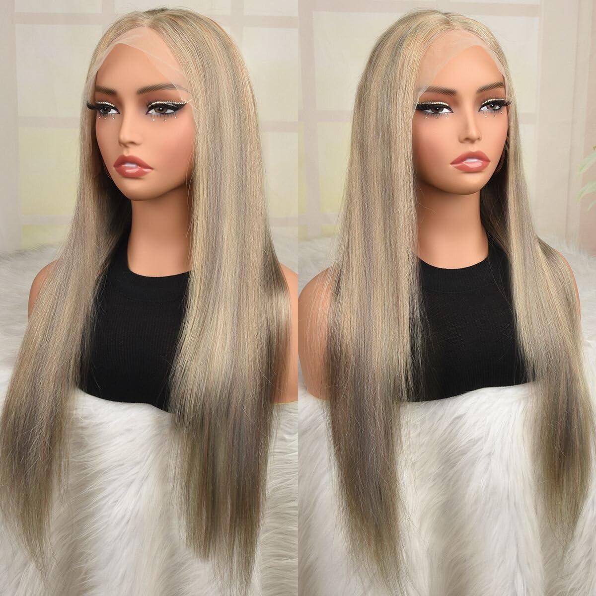 Orijodie Grey Ash Blonde Highlight Wig Human Hair 13X4 HD Balayage Glueless Wigs for Women Ash Brown with Platinum Blonde Highlight Lace Front Wig Human Hair Pre Plucked Straight 180% Density 22Inch