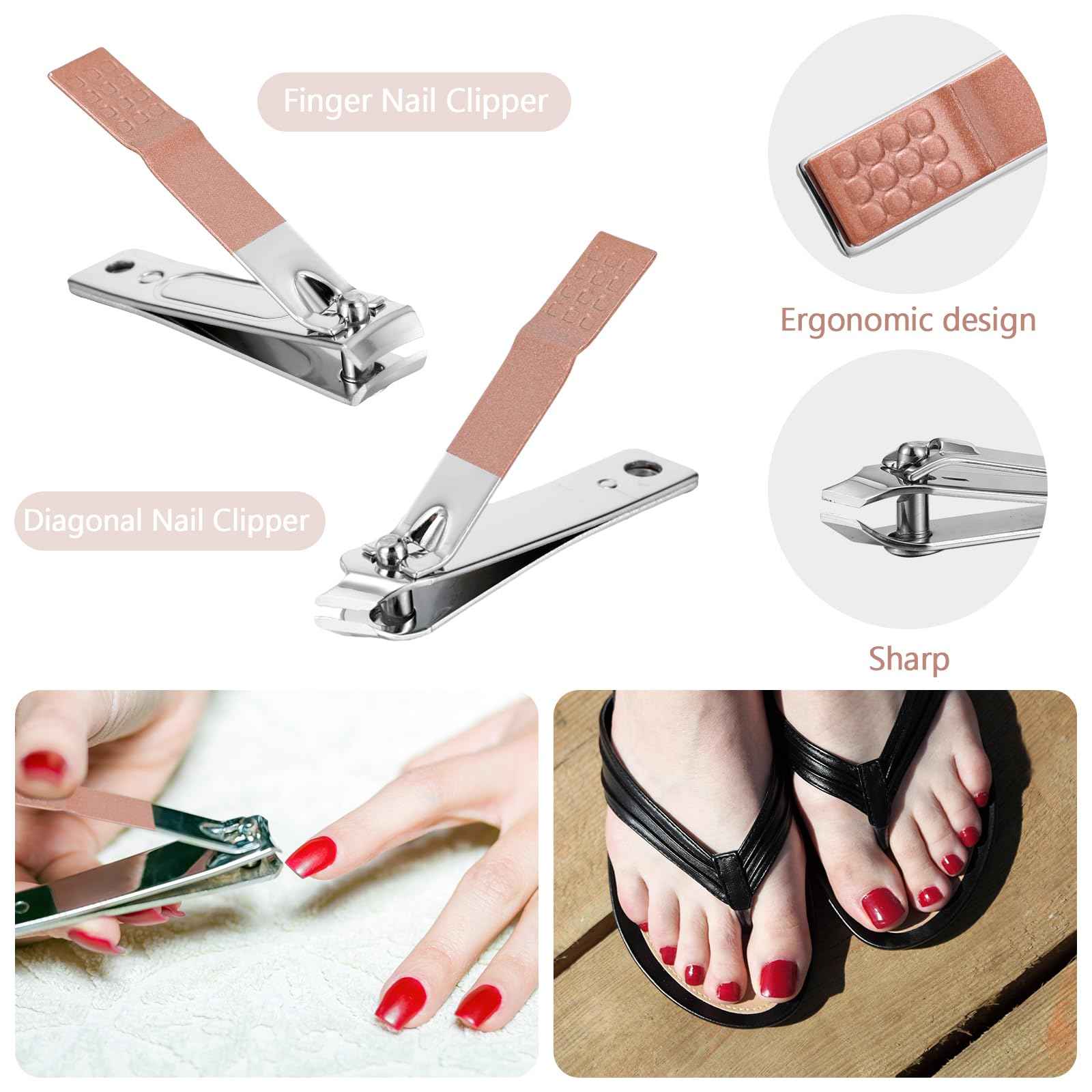 Geosar 50 Set 8 in 1 Travel Manicure Kit Bulk Professional Nail Clippers Pedicure Nail Care Tools Grooming Stainless Steel Set with Portable Travel Case, Gift for Christmas Men Women(Rose Gold)