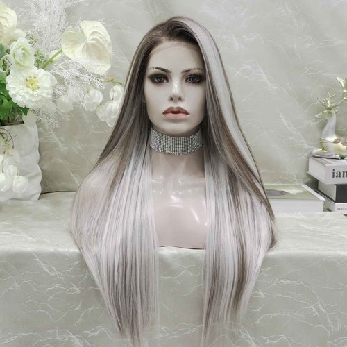 IMSTYLE Sliver Mist Grey with Highlights and Dark Roots 28 Inches Free Part Synthetic Lace Front Wig