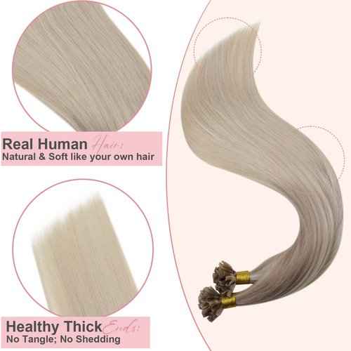 Easyouth U Tip Hair Extensions Human Hair Pre Bonded Hair Extensions Ombre Ash Blonde to Light Blonde Mixed Platinum Blonde Utips Human Hair Extensions Hot Fusion 50g 18inch