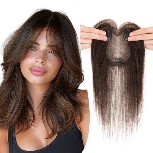 TESSHAIR Human Hair topper for Women, 3D Cover Clip in Bangs, Hair Toppers with Side Bangs,11 inch, #2 Dark Brown