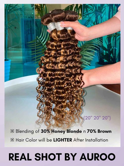 AUROO Honey Blonde Highlight Deep Wave Bundles with Frontal Closure, 12A Thick Tracks Deep Wave 13x4 Ear to Ear Lace frontal and 3 Bundles Virgin Hair 4/27 Ombre Brown Curly Bundles 10 12 14 + 10 Inch