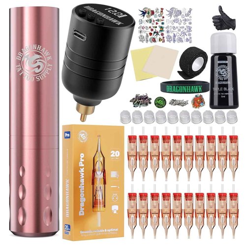 Dragonhawk Tattoo Gun Kit S6 Pro Wireless Tattoo Machine Complete Kit Beginner Tattoo Kit 20 Cartridges Needles