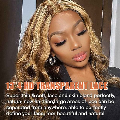 vivehebe Ombre Lace Front Wig Human Hair 26Inch Highlight Wig Human Hair 13x4 HD Transparent Body Wave 180% Density Honey Blonde Human Hair Wigs for Women Pre Plucked