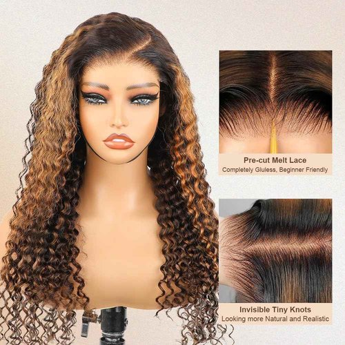 BLY Highlight Wear and Go Glueless Wig Water Wave Human Hair Wigs for Women 18 Inch 5x7 HD Lace Pre Cut Pre Plucked 2/30 Ombre Brown Colored Deep Wave Lace Front Wig 180% Density