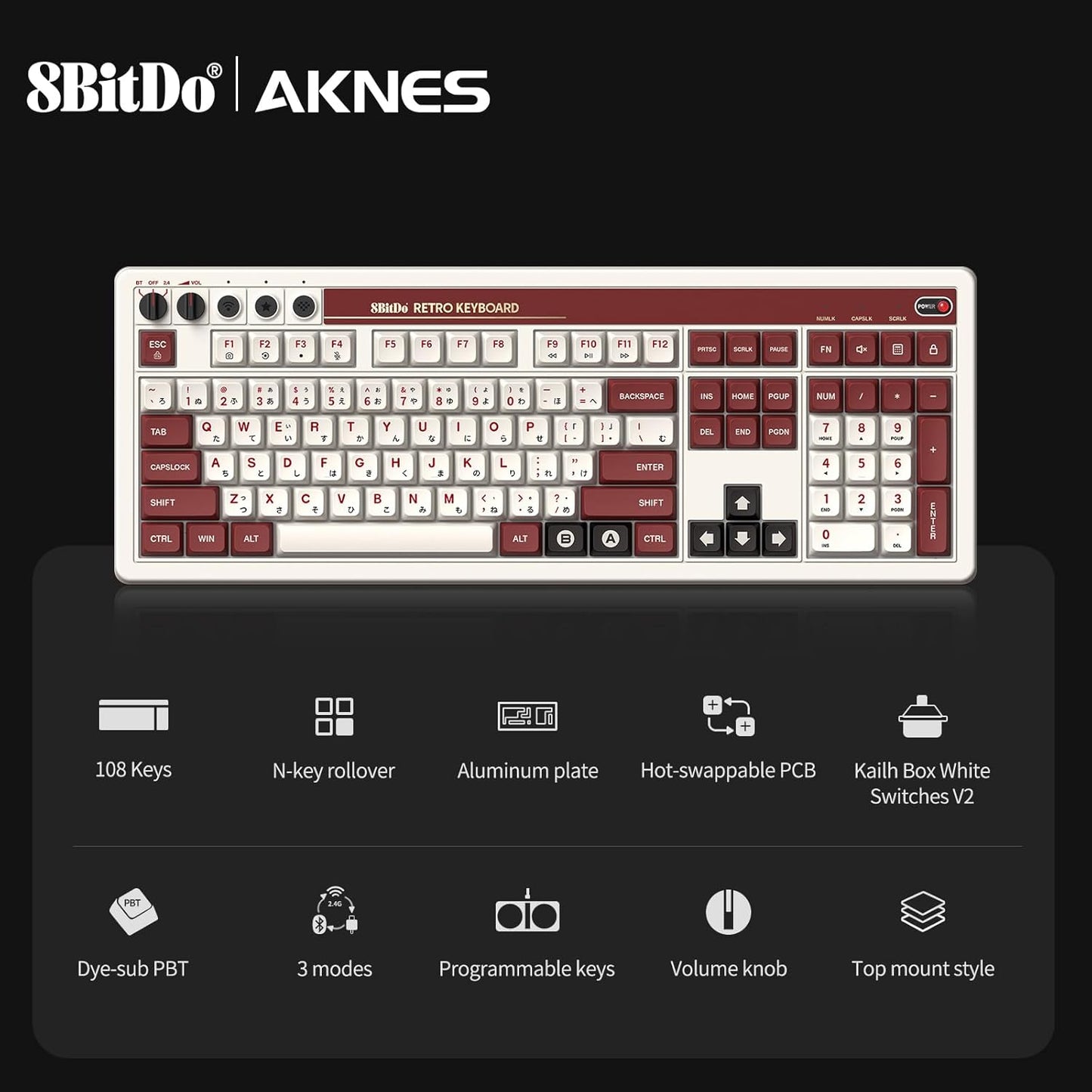 AKNES 8BitDo Retro 108 Mechanical Keyboard, Hot Swappable Gaming Keyboard with 108 Keys&Integrated Numpad, Dual Super Buttons, Bluetooth/2.4G/USB-C Keyboard for Windows & Android - N Edition