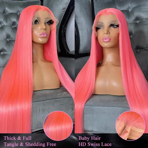 AHUFALU Pink Wear and Go Glueless Wig 13x4 HD Lace Pink Straight Glueless Wigs Human Hair Pre Plucked with baby hair Colored Closure Wigs for Women 150% Density 26Inch