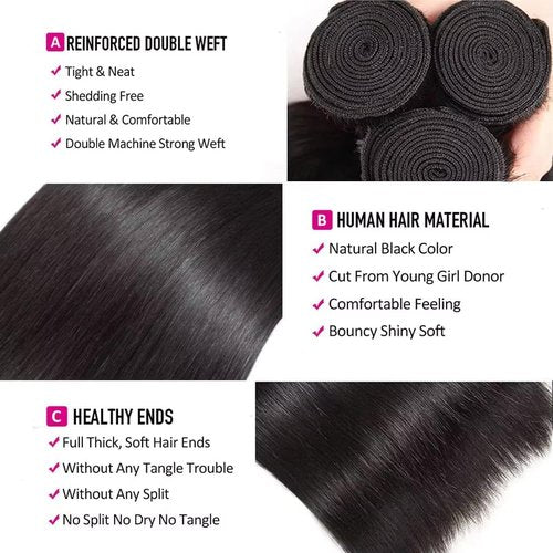 Straight Hair Bundles 18 20 22 Inch Unprocessed 12A Brazilian Virgin Human Hair Weave 3 Bundles Human Hair Extension Double Weft Natural Color Straight Hair Bundles