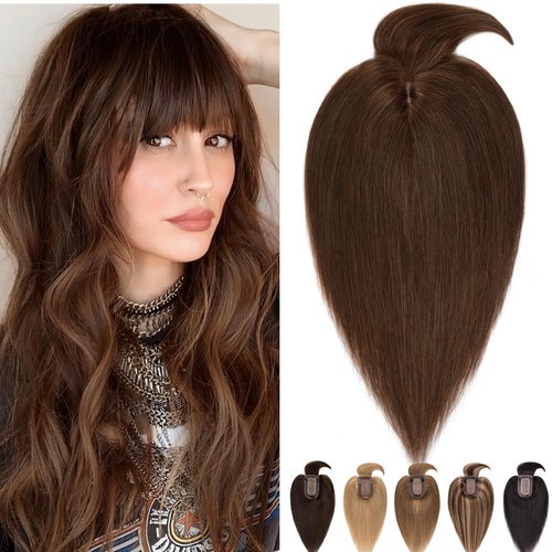 SLEEKALON Real Human Hair Topper - 150% Density Silk Base Brown Hair Topper with Bangs (14 Inch,04#)