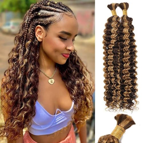 Xddnamei Chocolate Honey Blonde Human Braiding Hair 2 Bundles Total 100g 24 Inch Deep Wave P4/27 Braiding Human Hair Brazilian Virgin Hair Bundles for Boho Braids