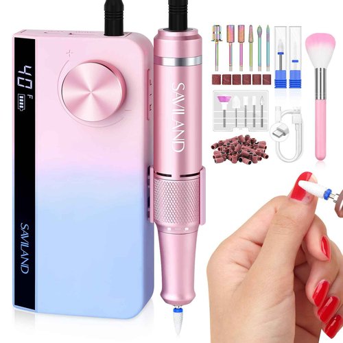 SAVILAND Portable Electric Nail Drill: 40000 RPM Rechargeable Electric Nail File for Acrylic Nails Professional with Ceramic Corn Head Nail Drill Bits for Nails Manicure Tools & Pedicure Kit Salon Use