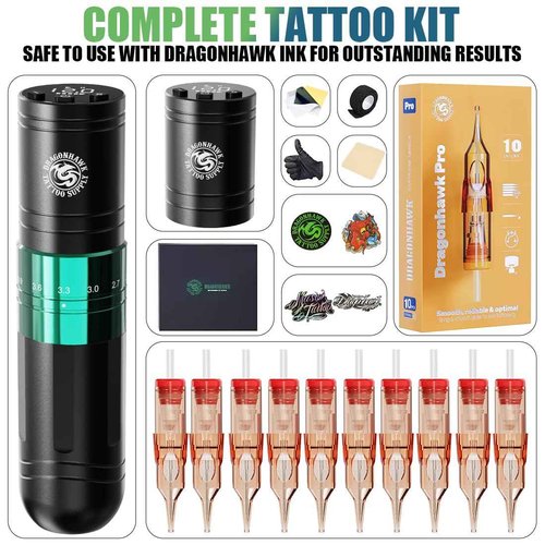 Dragonhawk A2 Wireless Tattoo Pen Kit with 2 Batteries – Adjustable Stroke 2.4-4.2mm, Powerful Mcore-A Motor, Quiet Rotary Tattoo Gun for Lining & Shading