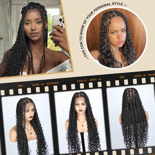 Sangtok 36 inch Knotless Boho Box Braid Wigs, 360 Single Full Lace Braided Curly Wigs for Black Women, Synthetic Black Braided Lace Wig