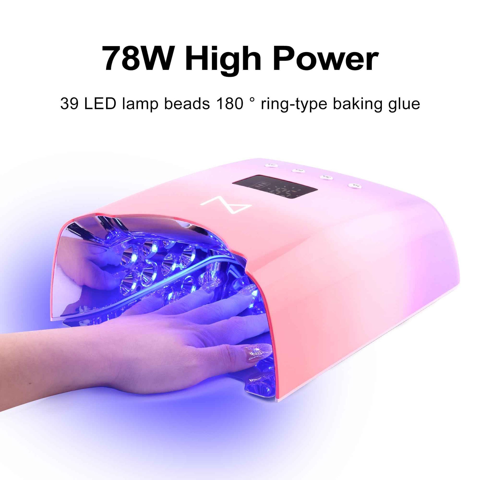 M - NEO Cordless & Rechargeable Nail Curing Lamp 78W with 4 LCD Time Display Timer, Auto Sensor, and Spacious Interior for All Hand Sizes and Nail Lengths (Pink)