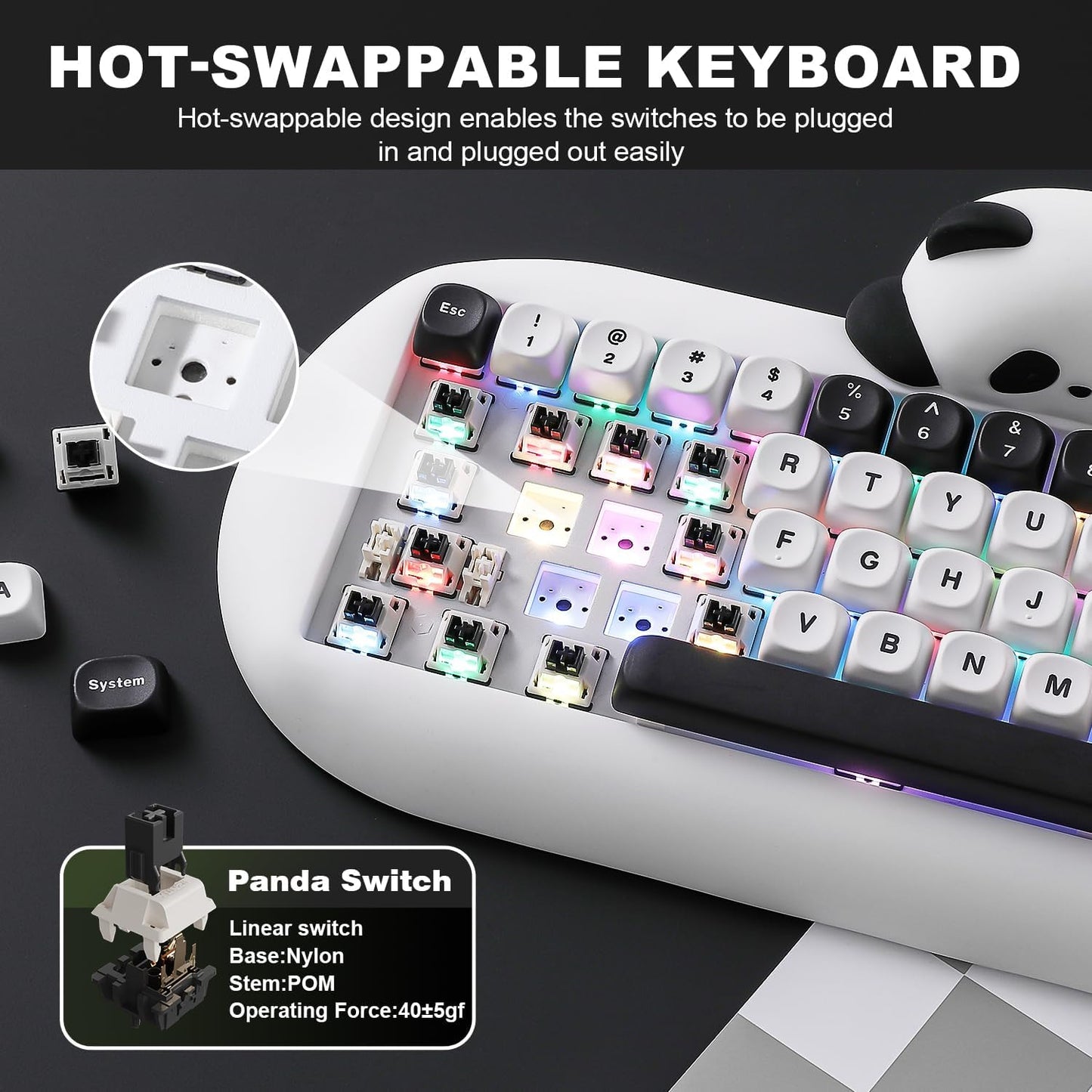 YUNZII C68 Panda Wireless Mechanical Gaming Keyboard, 68 Keys Cute Layout with PBT Keycaps,RGB Backlit, Hot Swappable,Creamy Switches,BT5.0/2.4G/Wired for Win/Mac(Black,Panda Switch)