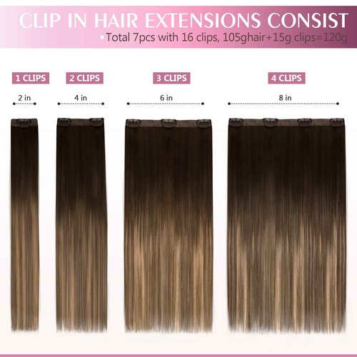Fimislosion Real Hair Extensions Clip in Human Hair, Seamless Clip in Hair Extensions Real Human Hair, 16 Inch Clip ins extensions for women, Dark Brown to Chestnut Brown and Honey Blonde 120G 7Pcs