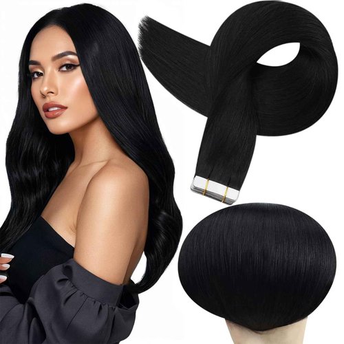Full Shine Black Tape in Hair Extensions Human Hair Remy Seamless Human Hair Tape Extensions 26Inch Double Sided Tape ins Human Hair Extensions for Women Straight Black Hair Extension 50G 20Pcs