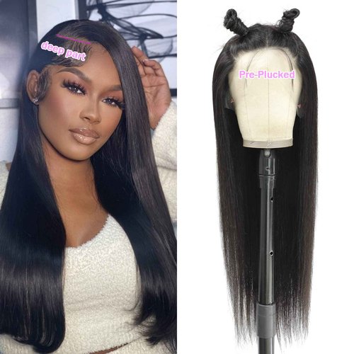 TTSMINS 13x6 Lace Front Wigs Human Hair for Women 180 Density HD Transparent 28 Inch Straight Lace Front Wigs Human Hair Pre Plucked Glueless Lace Frontal Wigs Natural Black Color