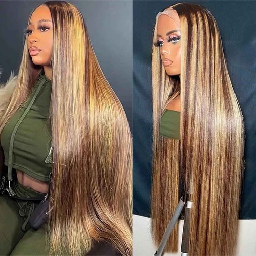 Habiliana Human Hair Wig 200% Density HD Straight Wave Wigs Human Hair Real Full Large Lace 4x4 Highlight P4/27 Weave Wigs Pre Plucked for Black Women