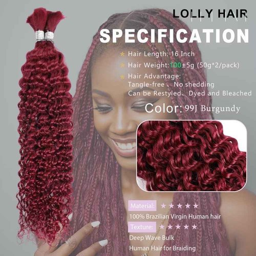 Ubinica Color Burgundy Deep Wave Human Braiding Hair for Boho Braids 2 Bundles Total 100g 24 Inch Deep Wave Bulk Braiding Hair for Boho Braids