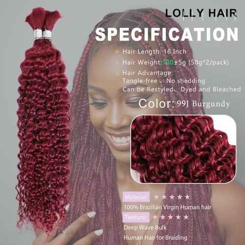 Aikebi Curly Burgundy Braiding Human Hair 100g 22 Inch 99J Burgundy Deep Water Wave Bulk Human Hair for Braiding No Weft Brazilian Virgin Deep Curly Human Hair Extensions for Boho Braids