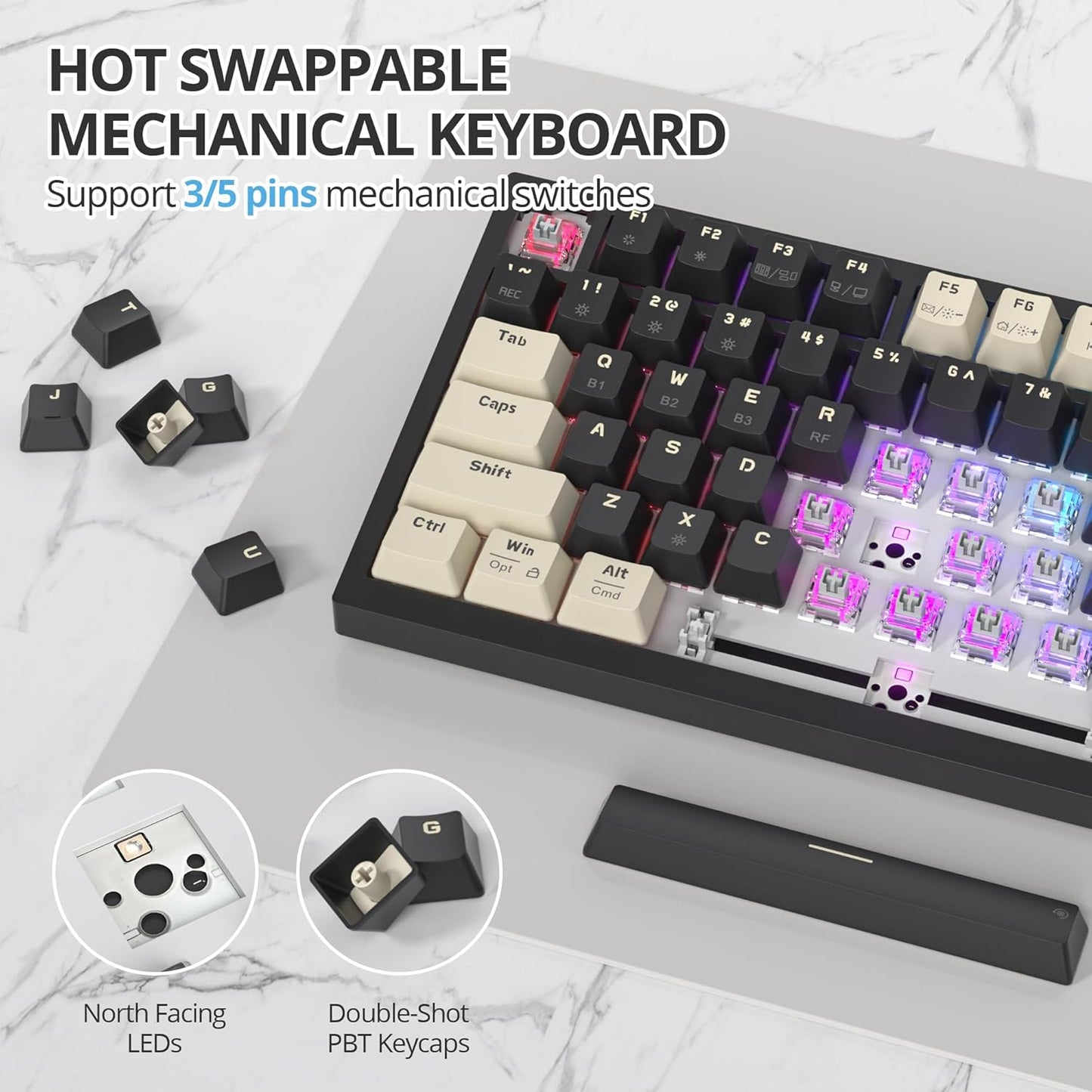 400PRO 75% Wireless Creamy Mechanical Keyboard Black, Gasket Hot Swappable RGB Gaming Keyboard, Bluetooth/2.4GHz/USB-C Thocky Keyboard with Pre-lubed Cream Grey Switches (82 Black)