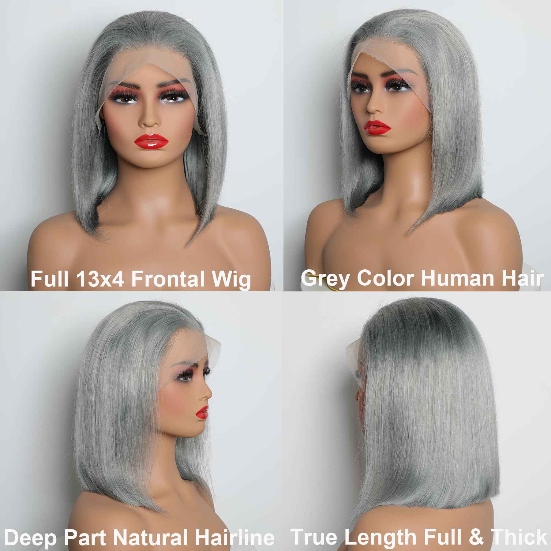 GIRLOFDREAMS Grey Colored Bob Wig Human Hair 13x4 Straight Lace Frontal Wigs Glueless 180 Density Pre Plucked with Baby Hair Short Brazilian Remy Gray Color Hair Transparent Front Wigs for Black Women