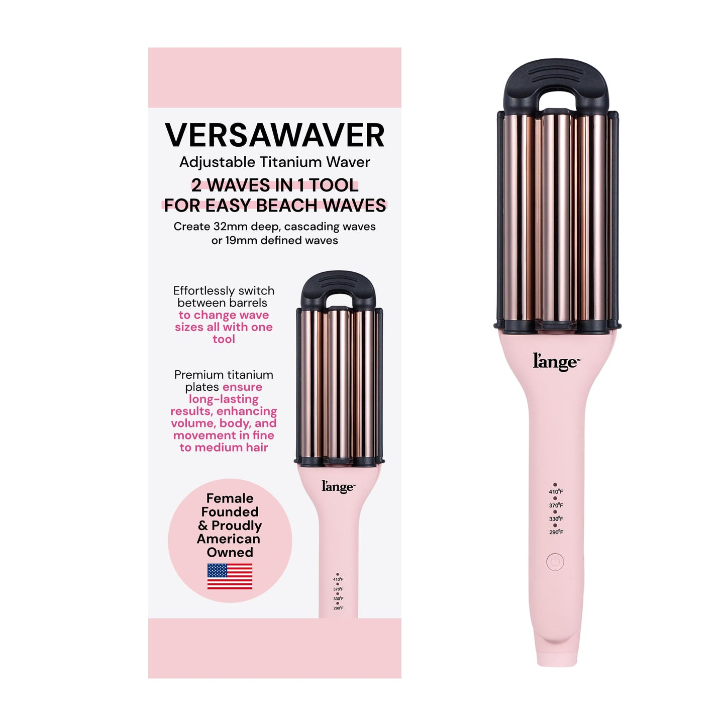 L'ANGE Hair VersaWaver Adjustable Titanium Waver | Pick 19mm or 32mm Waves with 1 Tool | Titanium 3-Barrel Waving Tool | Cool Tip Also Rotates Barrel to Change Wave Lengths (Blush)