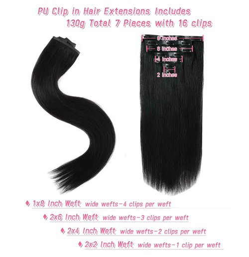 Essent Seamless Light Yaki Straight Clip in Hair Extensions Seamless Real Human Hair, 16 Inch 1Pack 130g 7Pcs Human Hair Extensions for Women Natural Black
