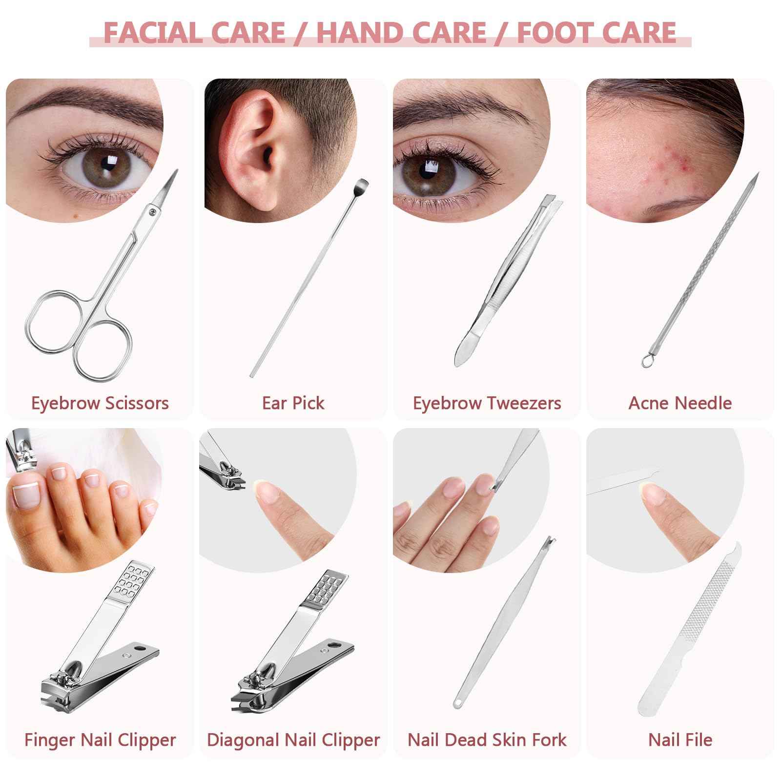 Lasnten 24 Set Christmas Manicure Set Bulk Nail Clippers Grooming Nail Kit Stainless Steel Professional Pedicure Kit Pedicure Tools with Travel Case Gifts for Xmas Men Women(8 in 1,Shiny Pink)