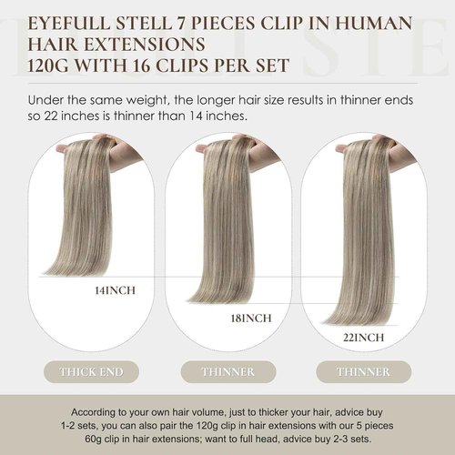EYEFULL STELL Clip in Hair Extensions Real Human Hair 16 inch 120g 7PCS Natural Straight Remy Ash Brown Highlights Platinum Blonde Clip on for Women Invisible Double Weft Layered Thick Clip ins Hair