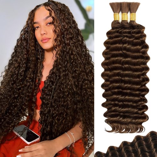 FONFUNY Human Braiding Hair for Boho Braids 120g Deep Wave Boho Bulk Human Hair for Braiding Knotless 12A Curly Wet and Wavy Bohemian Braids No Weft 3 Bundles/Pack Chocolate Brown 24 Inch