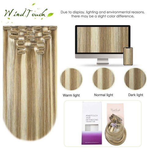 WindTouch Clip in Hair Extensions - 100g Real Human Hair, Mixed Bleach Blonde, 7pc 20-inch Thicker Extensions