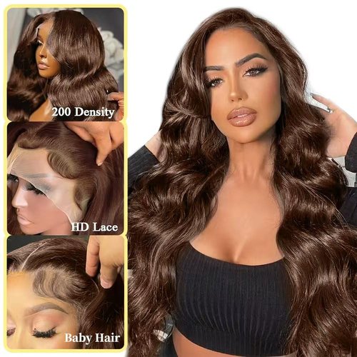 LAPONDAI 13x6 Chocolate Brown Lace Front Wig Human 200% Density Body Wave Wig HD Transparent Front Wig Human Hair Pre Plucked with Baby Hair Brown Colored Wigs Brown Wig 28 Inch