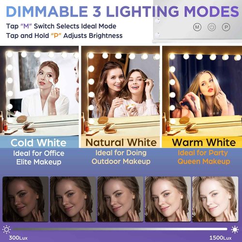 M MIVONDA Hollywood Vanity Mirror with 18 Bulbs Lights, Large Lighted Makeup Mirror for Desk and Wall, Dimmable 3 Lighting Modes, Plug-in & USB Charger Port, White